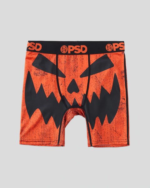 Orange boxer briefs with black pumpkin face design and PSD waistband.