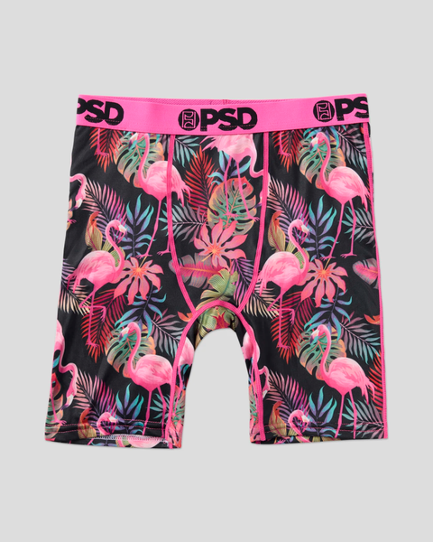 Black boxer briefs with pink flamingo and tropical leaf print, pink waistband with PSD logo.