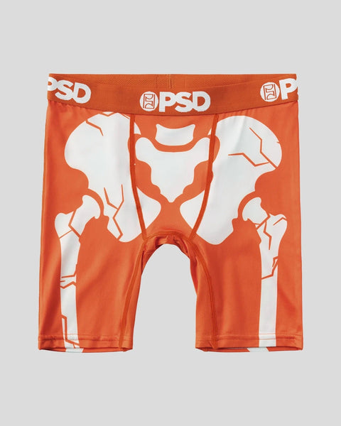 Orange and white PSD athletic shorts with anatomical bone graphic print and branded waistband.