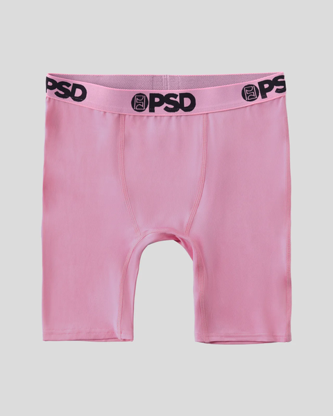Pink boxer briefs with black PSD waistband and visible center seam detail.