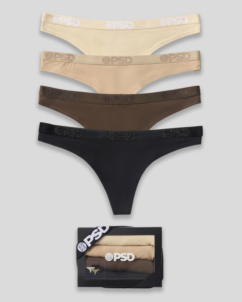Four modal thong underwear in cream, beige, brown, and black with branded waistbands, displayed with packaging.