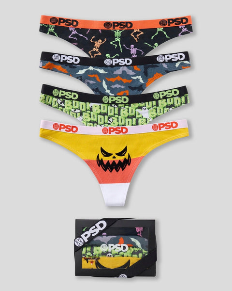 Four modal briefs with PSD waistbands in Halloween-themed prints: skeleton, camouflage, lime green text, and jack-o'-lantern 
