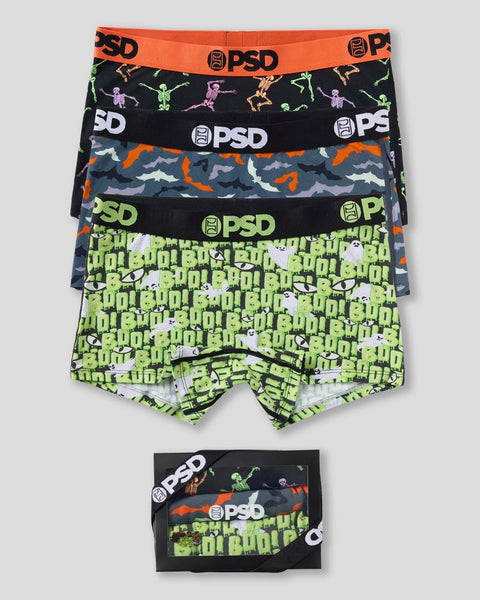 Three PSD boxer briefs with orange, black, and lime green colorful prints and branded waistbands, displayed stacked with pack
