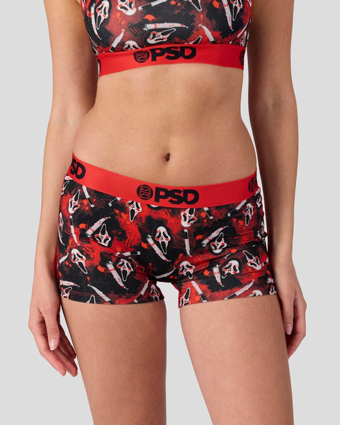 Red and black Ghost Face patterned sports bra and shorts set with PSD waistband.