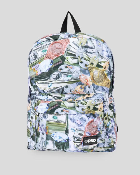 White backpack with all-over print of currency, watches, and coins in green, blue, and rose gold tones, black shoulder straps