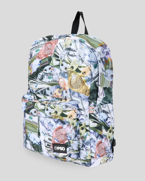 White backpack with all-over print featuring currency, watches, citrus slices, and botanical elements in multicolor, black st