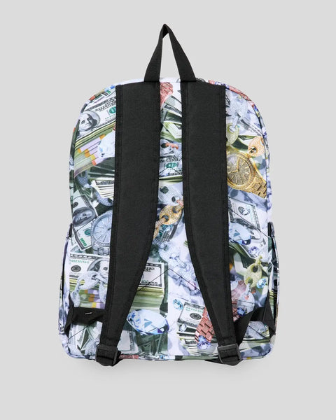 Black and white backpack with currency and compass print, featuring black padded shoulder straps and side pockets.