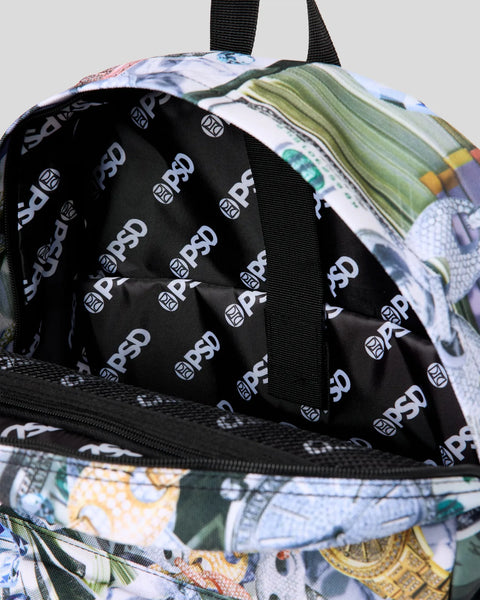 Black backpack with multicolored patterned exterior, black straps, and branded interior lining visible in open compartment.