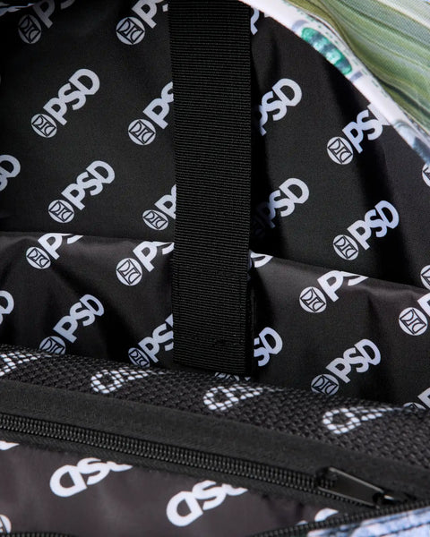 Black backpack with repeating white PSD logo pattern, black straps, mesh pocket detail, and metal zipper visible.