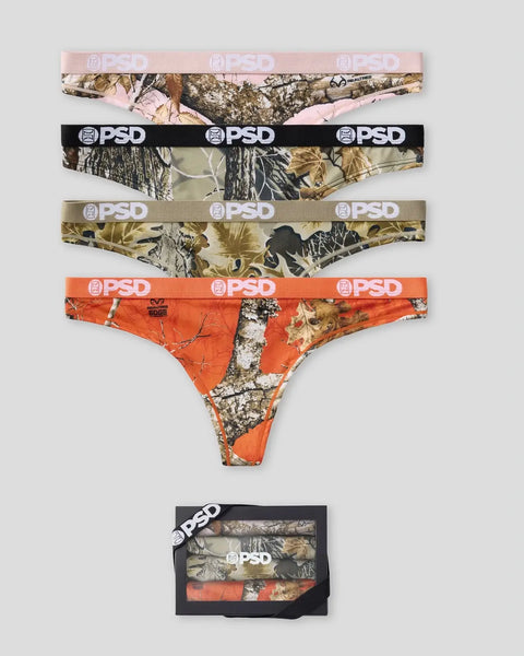 Four PSD briefs with Realtree camouflage patterns in pink, black, tan, and orange with elastic waistbands.