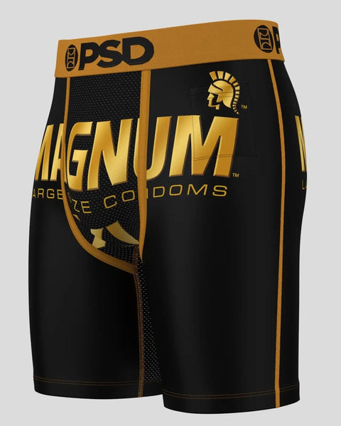 Black boxer briefs with gold "Magnum" text, PSD waistband, and mesh side panels.