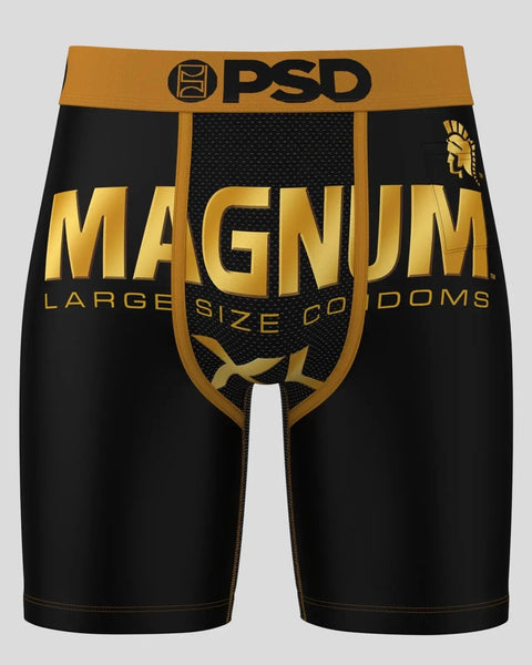 Black boxer briefs with gold "MAGNUM" text, gold waistband with PSD logo, and mesh panel at center front.