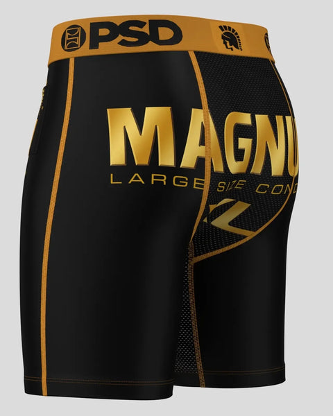 Black and gold men's boxer briefs with PSD and Magnum branding, gold waistband, and contrasting stitching.