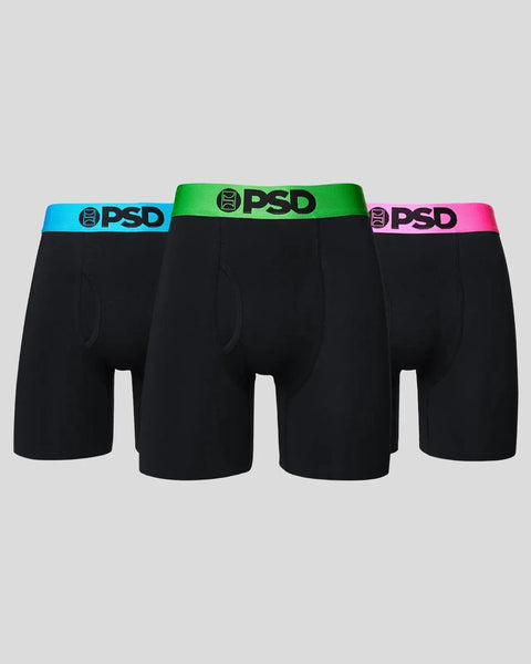 Three black boxer briefs with neon blue, green, and pink waistbands featuring PSD branding.
