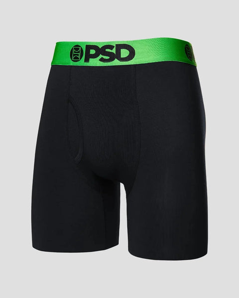 Black modal boxer brief with neon green waistband featuring PSD branding.