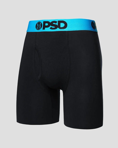Black modal shorts with bright blue waistband featuring PSD branding.