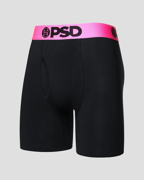 Black boxer briefs with bright pink neon waistband featuring PSD logo.