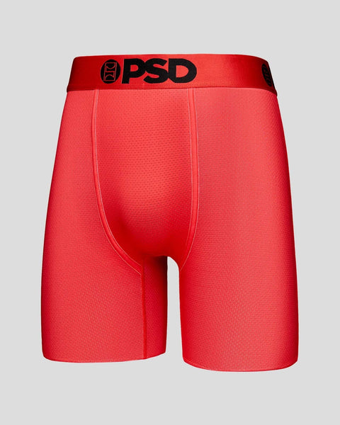 Red mesh boxer brief with black PSD waistband and tonal stitching detail.
