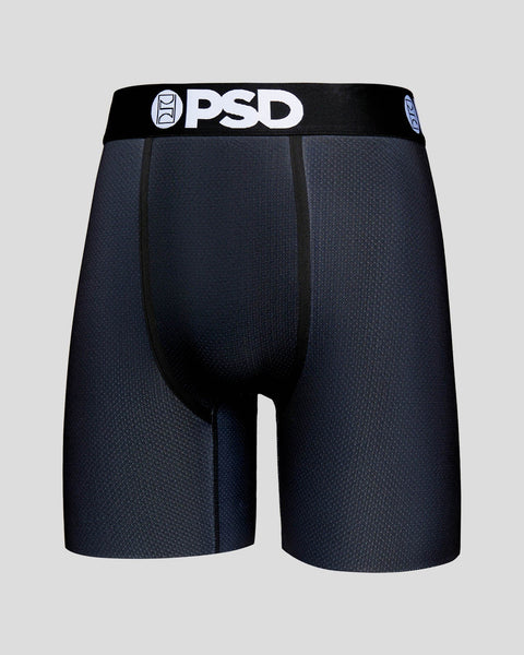 Navy mesh athletic shorts with black PSD waistband and center seam detail.