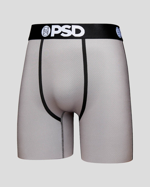 Gray mesh boxer brief with black PSD waistband and side seams.