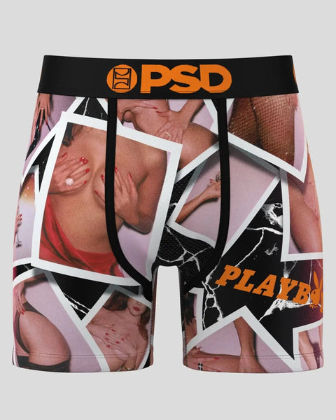 PSD brand boxer shorts with Playboy Polaroids print and black waistband with orange logo.