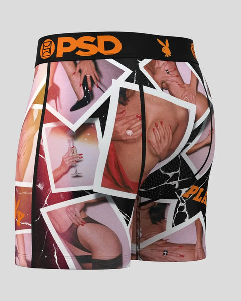 PSD men's boxer briefs with black waistband, orange branding, and Polaroid-style photo collage print featuring figures and ob