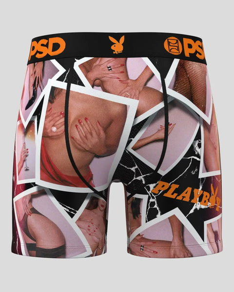 Men's boxer briefs with black waistband featuring Playboy logo and polaroid-style photo collage print in pink and black tones