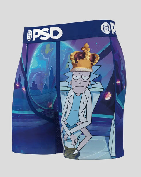 PSD boxer briefs featuring Rick character wearing gold crown on blue and purple sci-fi background.