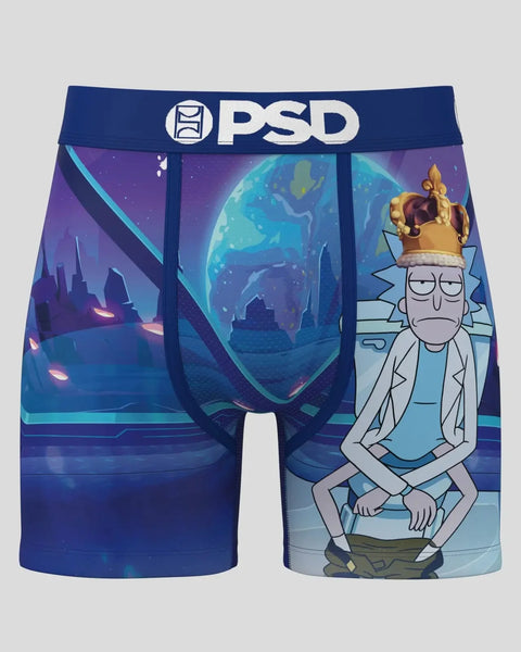 PSD boxer shorts with navy waistband featuring Rick and Morty character artwork and cosmic landscape scenes in blue and purpl