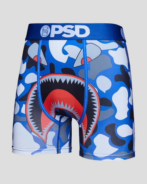 PSD boxer briefs with blue camouflage pattern and red shark mouth graphic design.