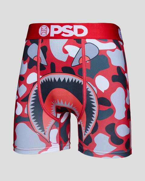 PSD red, black, and white camouflage boxer briefs with shark mouth design and red waistband.