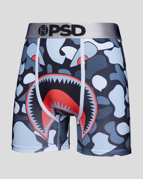 PSD boxer briefs with blue camouflage pattern, red shark mouth design, and black waistband.