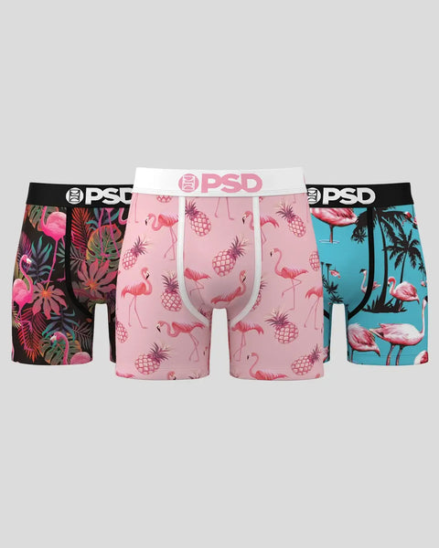 Three PSD boxer briefs with flamingo and tropical patterns in pink, black, and turquoise colorways.
