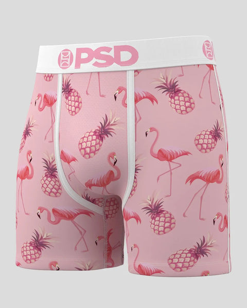 Three pink boxer briefs with flamingo and pineapple pattern, white PSD waistband visible.