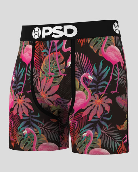Three pairs of boxer briefs with pink flamingos and colorful tropical leaves on black background with OPSD waistband.