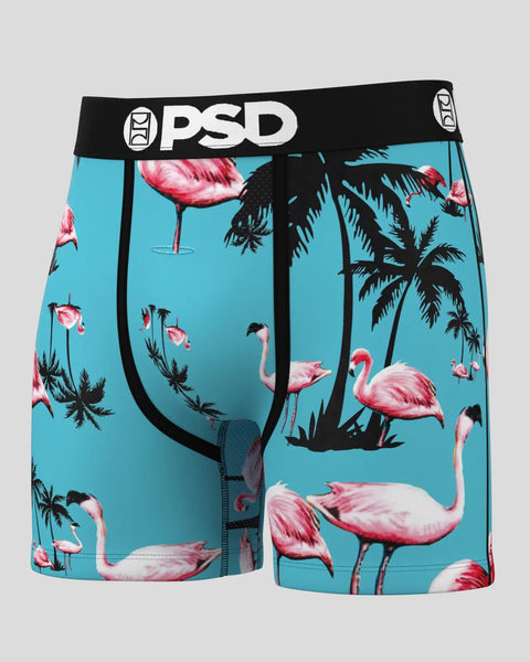 Three pairs of men's boxer briefs with turquoise background, pink flamingos, and black palm tree silhouettes.