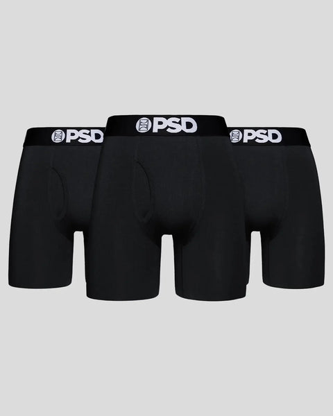 Three black boxer briefs with PSD logo waistbands displayed side by side.