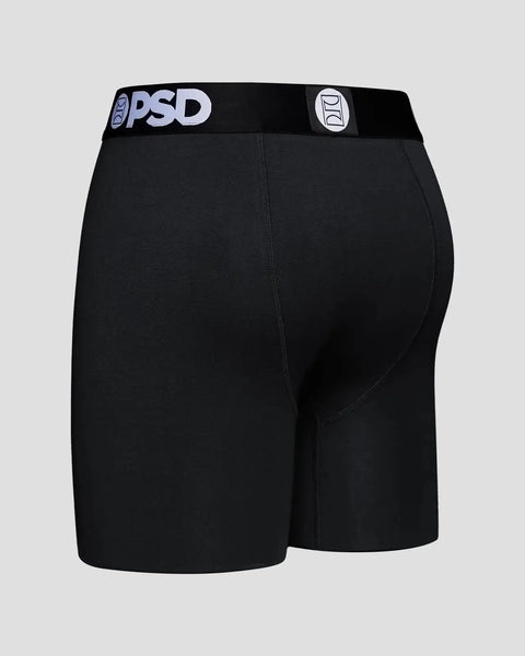 Black boxer briefs with PSD branded waistband and logo detail on elastic.