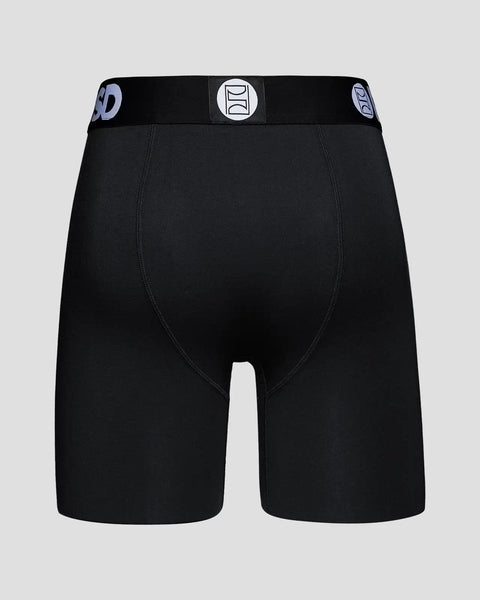 Black boxer brief with branded waistband featuring circular logo and contrast stitching details.