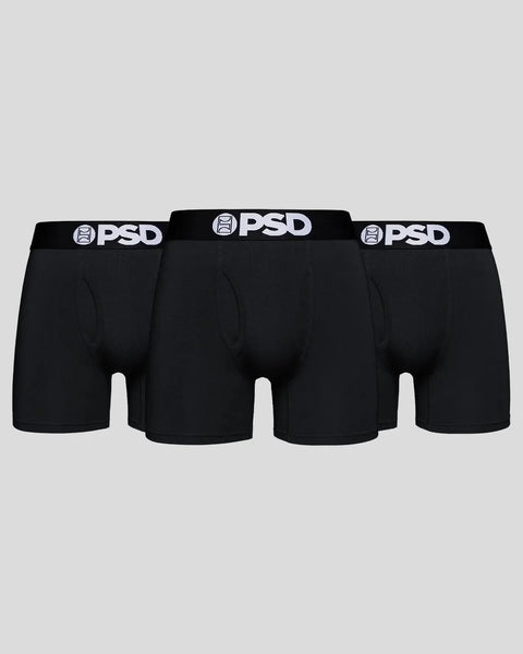 Three black boxer briefs with PSD waistbands displayed side by side.