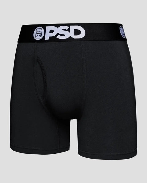 Black PSD boxer briefs with white logo waistband and center seam.