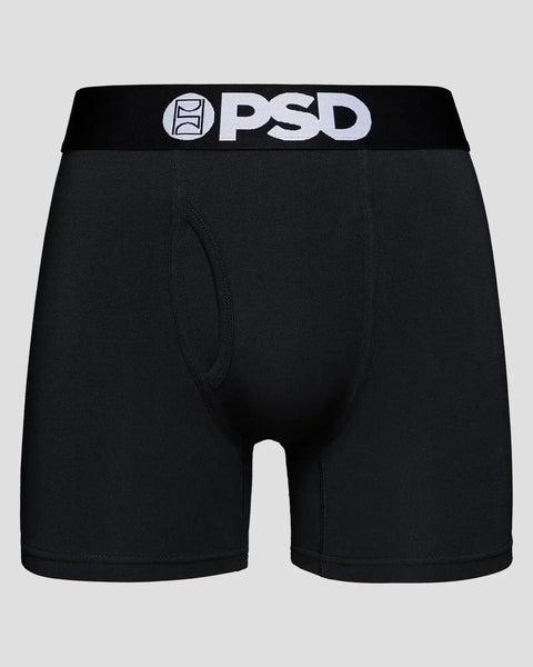Black modal boxer briefs with PSD branded waistband and center seam detail.