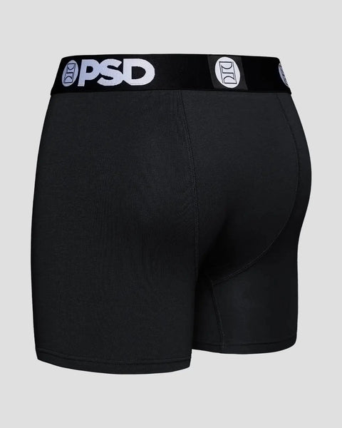 Black boxer briefs with PSD branded waistband and center seam detail.