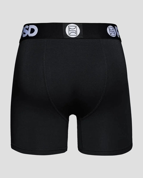 Black boxer briefs with elastic waistband featuring logo design and center seam detail.