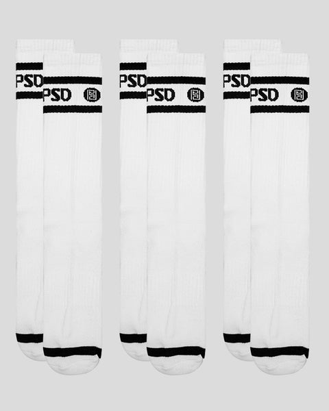 Three white crew socks with black logo stripes and text at cuff and toe.