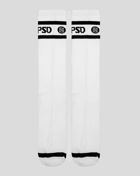 Two white crew socks with black stripes and 