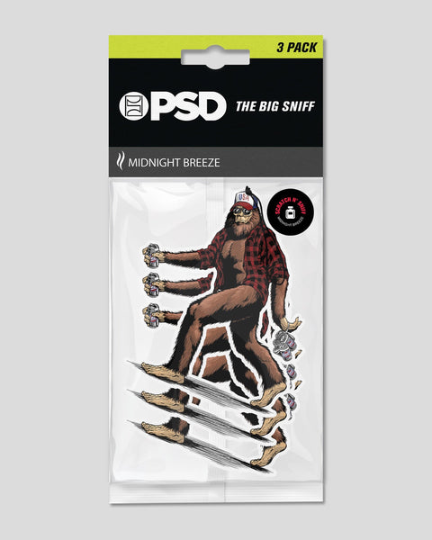 PSD Big Foot air freshener 3-pack in Midnight Breeze scent with Bigfoot character graphic on packaging.