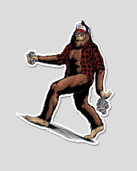 Bigfoot character wearing USA cap and red plaid shirt, holding beer and cans while skiing.