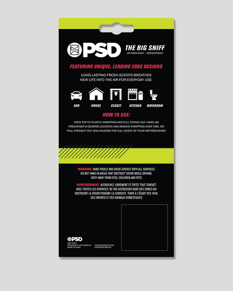 PSD The Big Sniff air freshener 3-pack package back with yellow and black design, usage instructions, and warning labels.