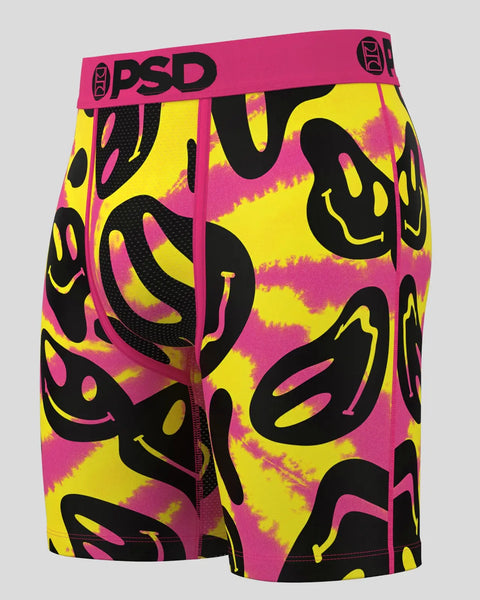 PSD underwear shorts with neon yellow, hot pink, and black smiley face pattern and logo waistband.